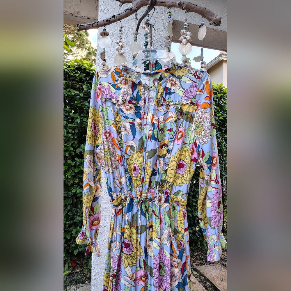 Boho-chic Floral Ruffle Long Sleeve Split-neck Maxi Dress Women's Size M NWOT - Picture 6 of 7